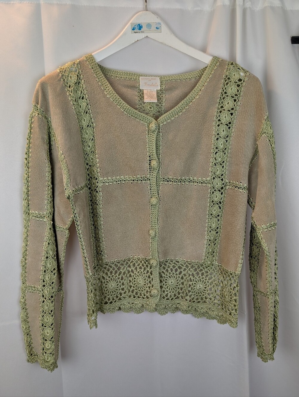 VTG Suede Leather Crochet Patchwork Cardigan Jacket Sage Green Boho Fairy Size S